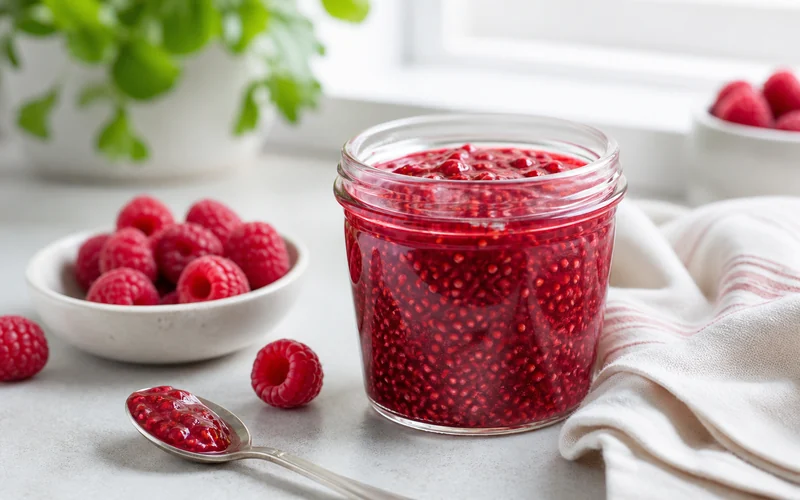 A glass jar of homemade raspberry freezer jam with fresh raspberries