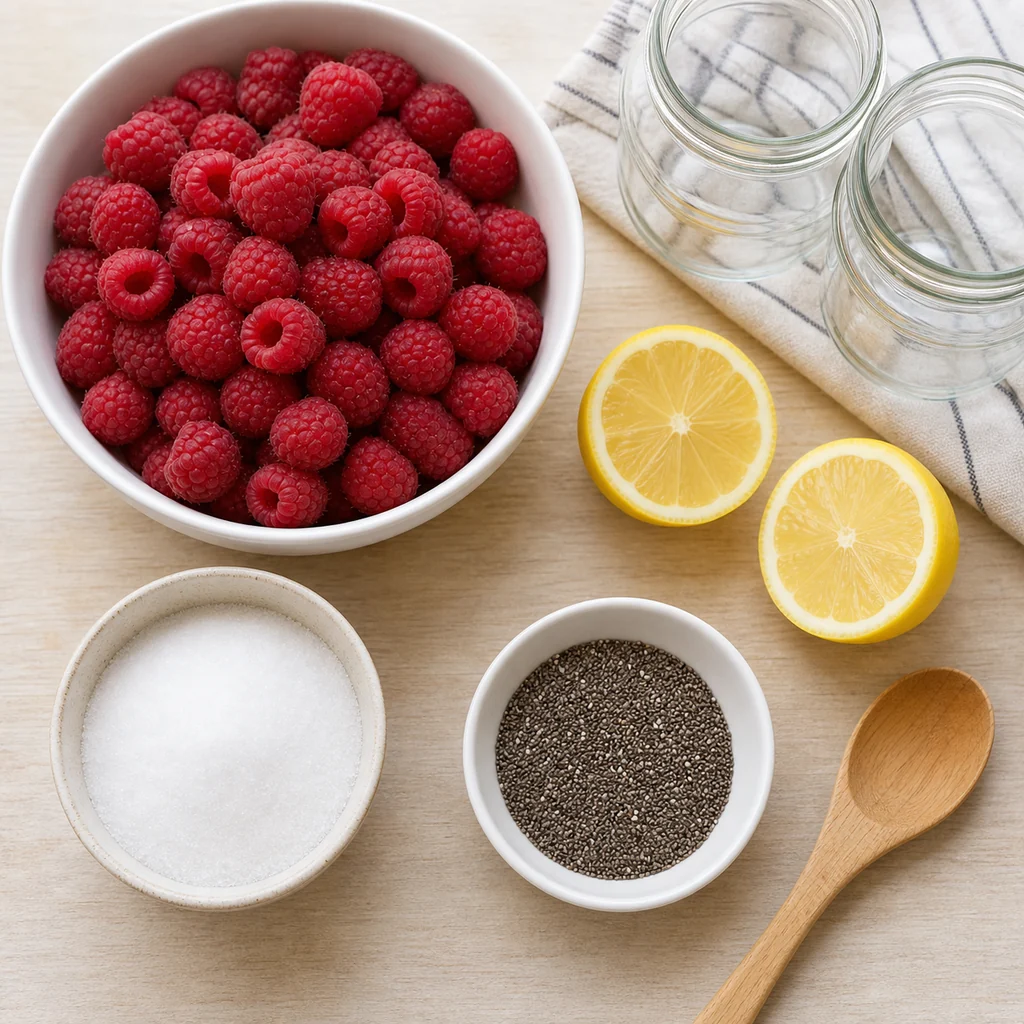 Fresh raspberries, lemon, sugar, chia seeds, and jars for raspberry freezer jam