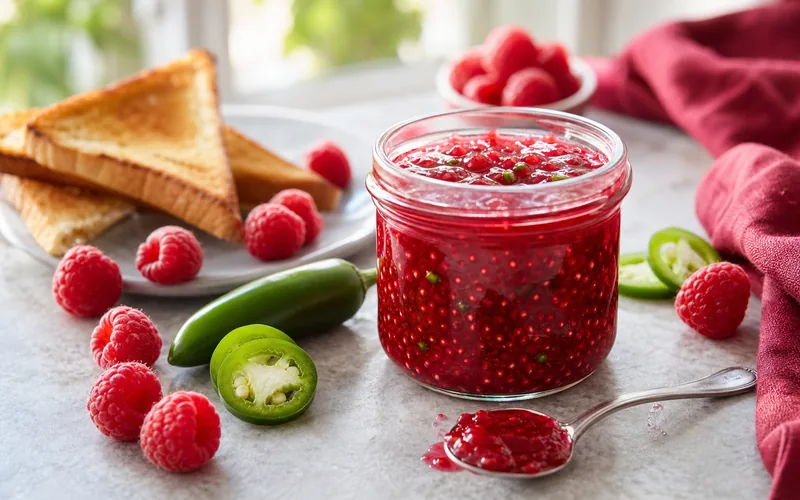 Jar of sugar free raspberry jalapeno jam with fresh ingredients