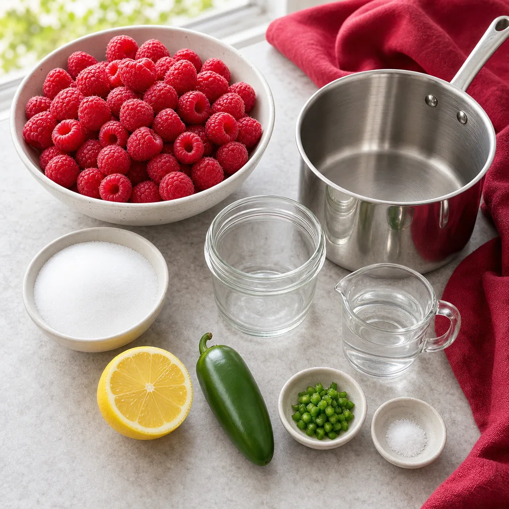 Raspberries, jalapeno, allulose, lemon, water and salt for jam
