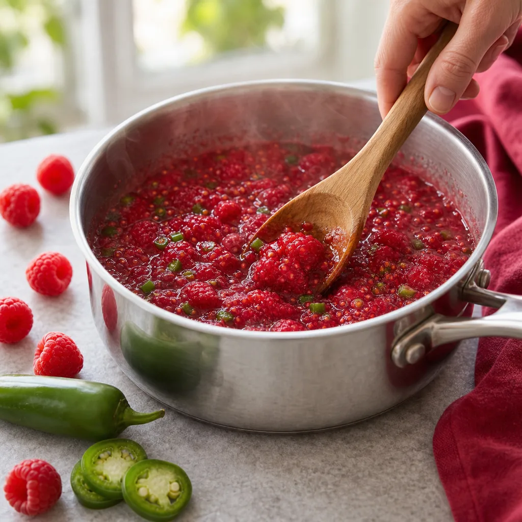 Raspberry jalapeno jam simmering in a stainless saucepan