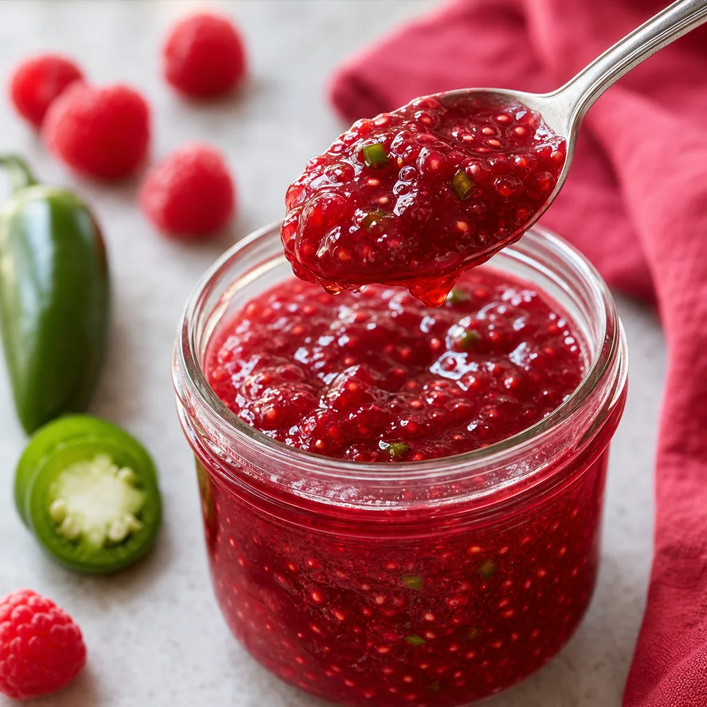 Spoon lifting thick sugar free raspberry jalapeno jam