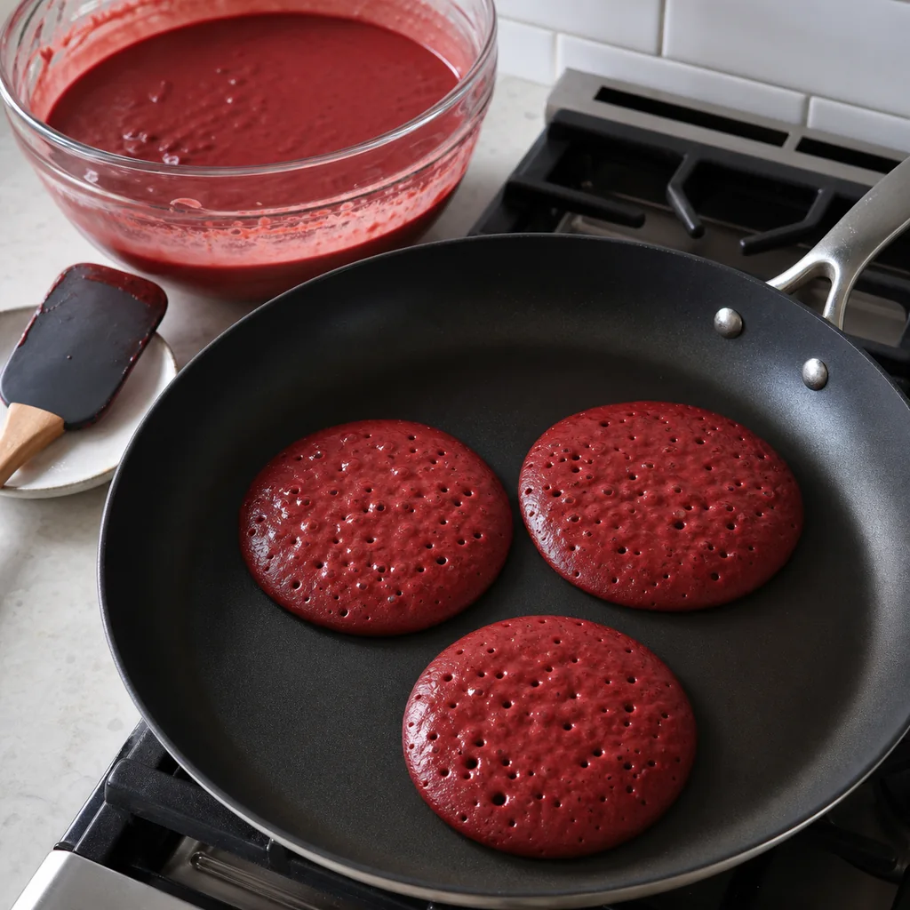 Red velvet pancake rounds cooking in a skillet
