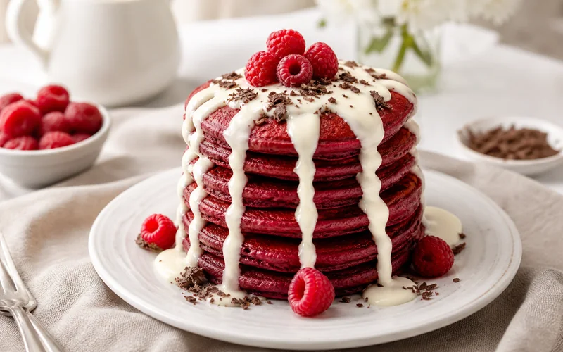 Stack of red velvet pancakes with cream cheese drizzle and raspberries