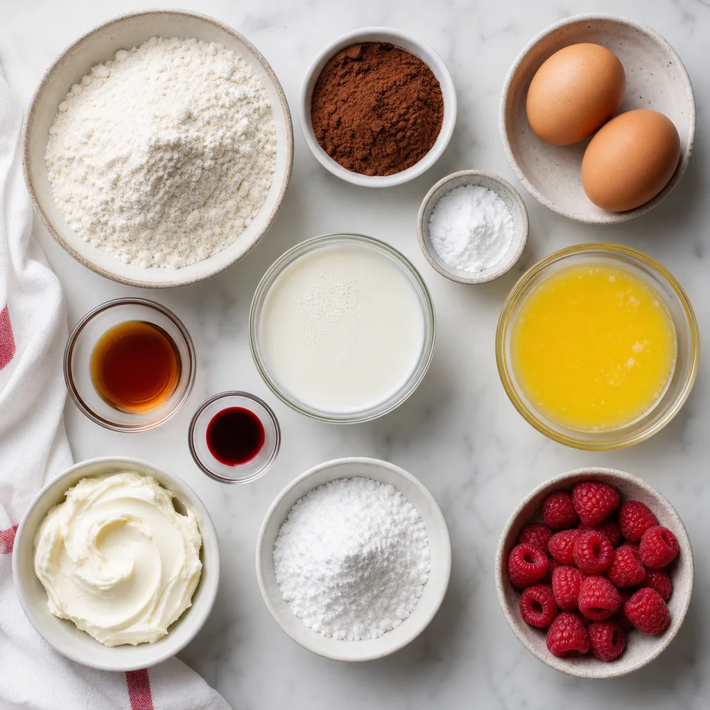 Ingredients for red velvet pancakes and cream cheese drizzle