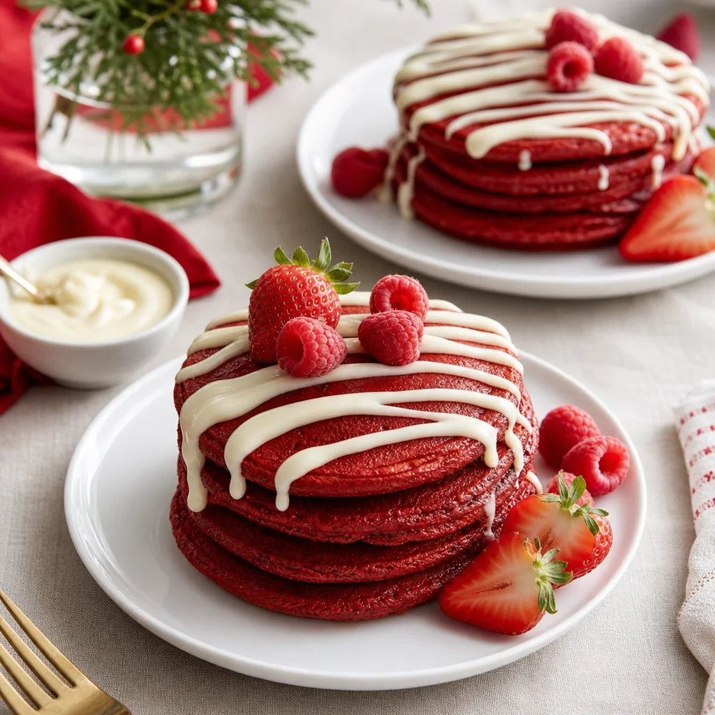Red velvet pancakes served with cream cheese drizzle and berries