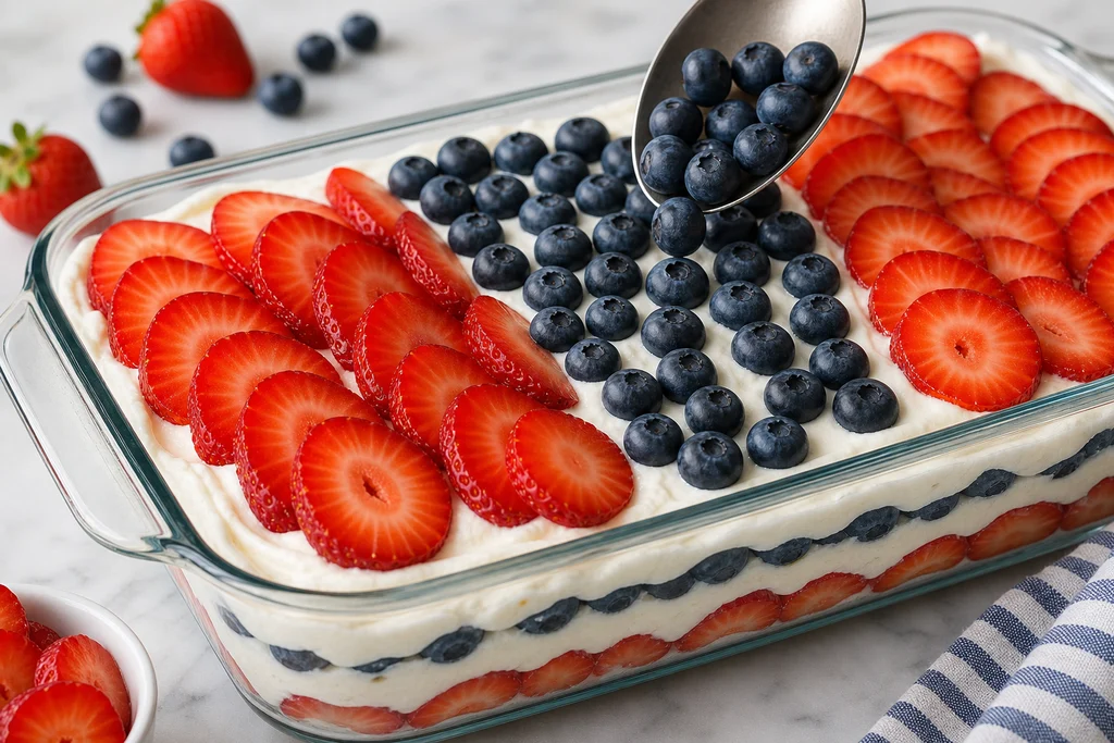 Layering strawberries and blueberries over cream in red white and blue icebox cake