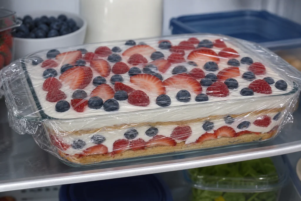 Covered berry icebox cake chilling in the refrigerator