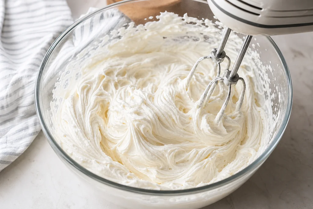 Fluffy cream cheese whipped filling for patriotic berry icebox cake