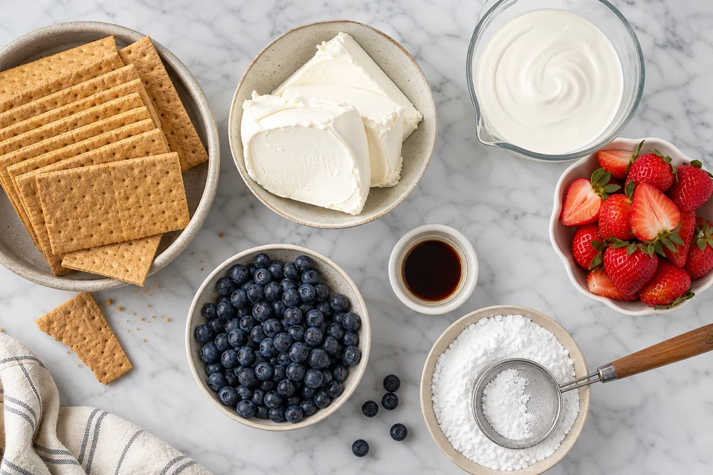 Ingredients for red white and blue berry icebox cake with graham crackers cream cheese berries and cream
