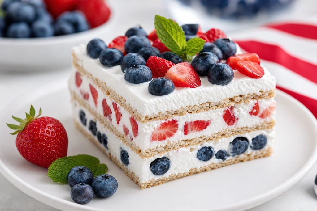 Square slice of red white and blue berry icebox cake on a plate