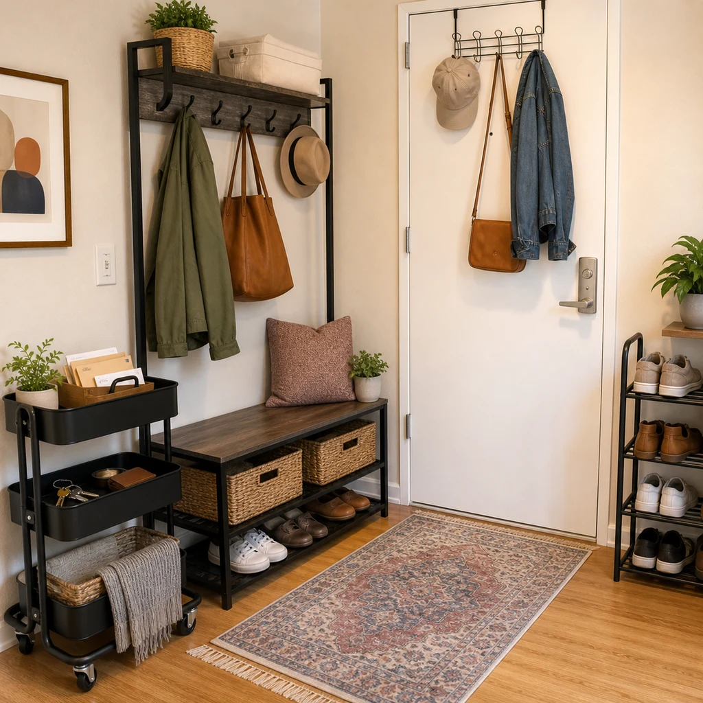 Renter friendly entryway with freestanding storage, hooks, baskets, rug, and slim shoe rack