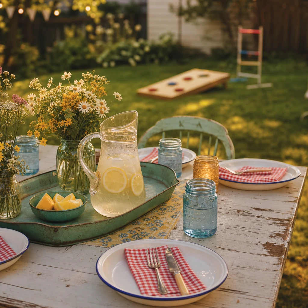 Retro backyard entertaining table with lemonade, enamel plates, and gingham napkins