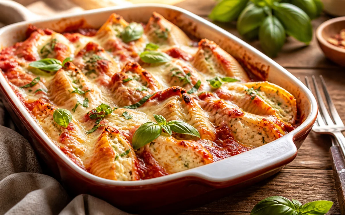 Baked ricotta stuffed shells with melted mozzarella marinara and fresh basil on a rustic table