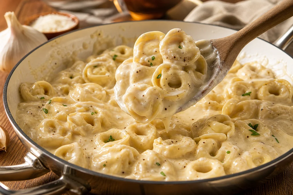 Cooked cheese tortellini being tossed and coated in creamy roasted garlic alfredo sauce in a skillet