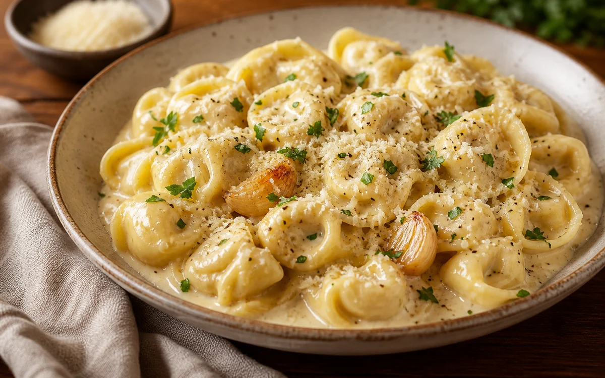 Bowl of creamy roasted garlic alfredo tortellini with parmesan, parsley, and roasted garlic cloves