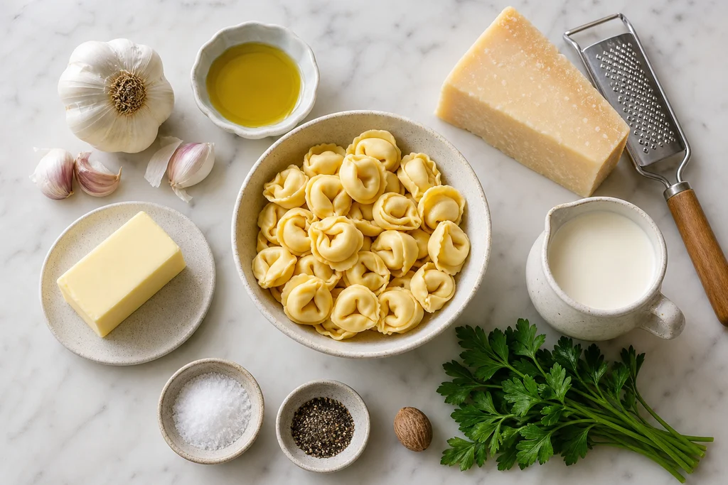 Ingredients for roasted garlic alfredo tortellini including a head of garlic, cheese tortellini, parmesan, butter, heavy cream, olive oil, salt, pepper, nutmeg, and parsley