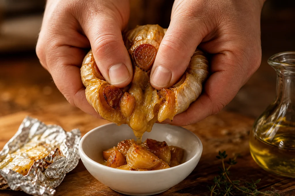 Soft caramelized roasted garlic cloves being squeezed from a roasted head of garlic into a small white bowl