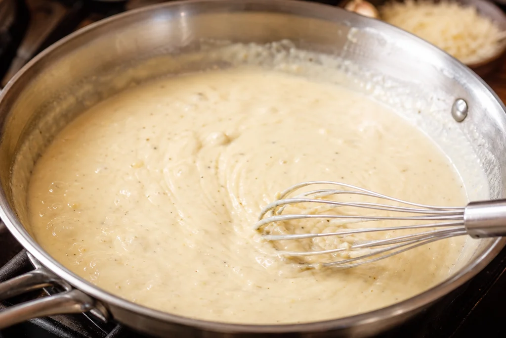 Creamy parmesan roasted garlic alfredo sauce being whisked smooth in a large skillet
