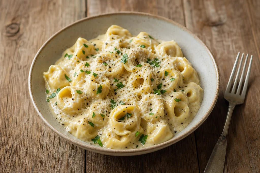 A bowl of creamy roasted garlic alfredo tortellini garnished with fresh parsley, grated parmesan, and black pepper