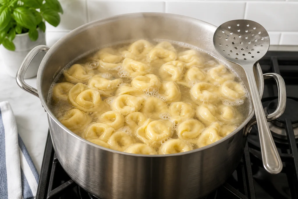 Cheese tortellini cooking in a large pot of gently boiling salted water with a slotted spoon on the rim