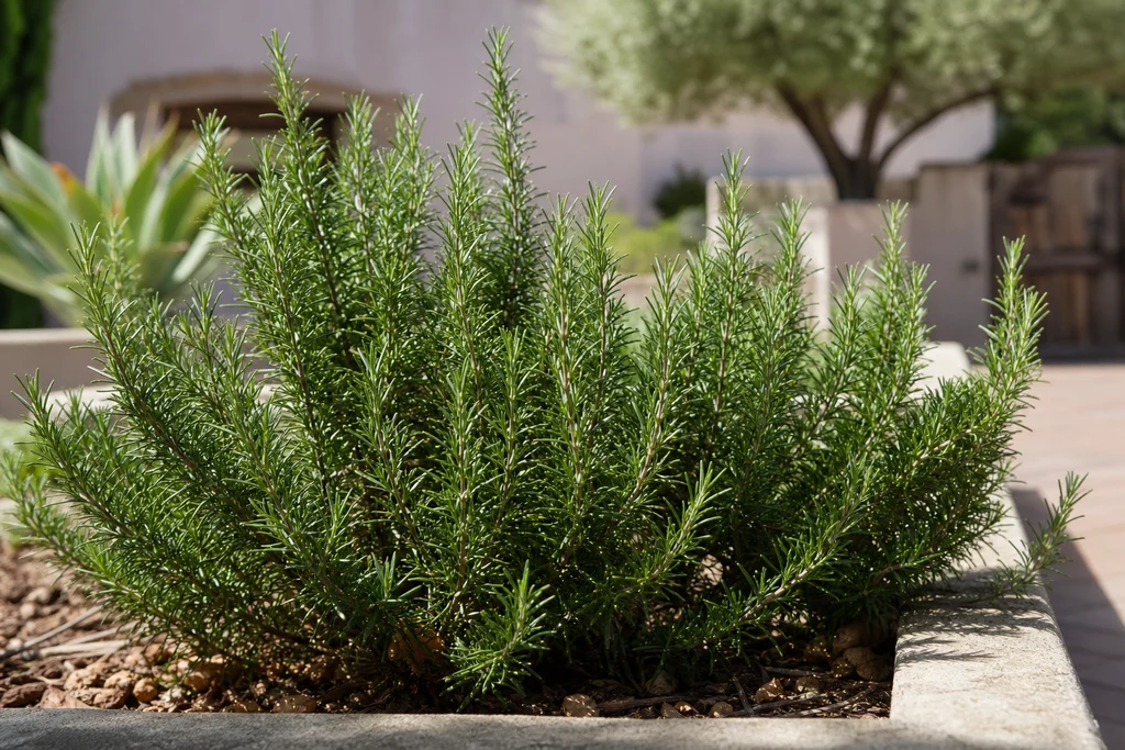 Rosemary herb plant with woody stems in a raised garden bed