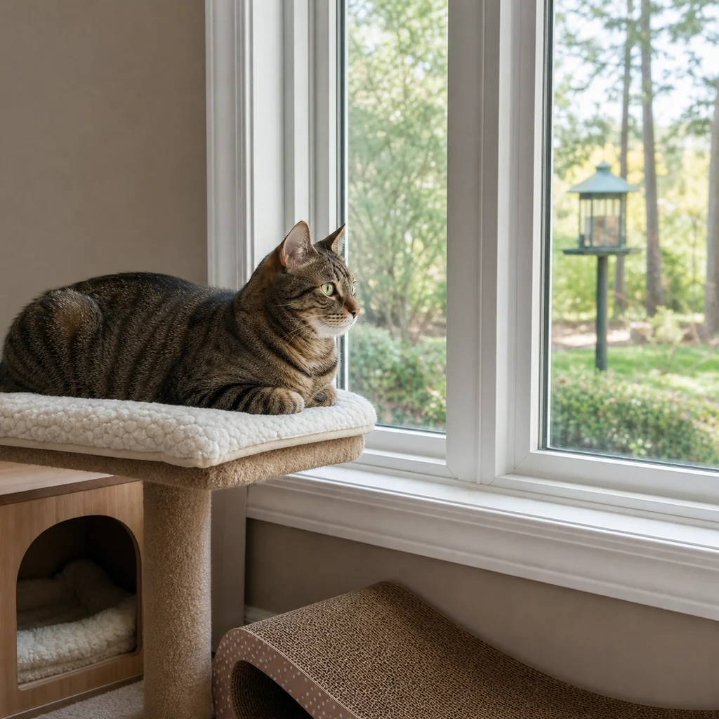 Indoor cat resting on a padded perch beside a secure closed window