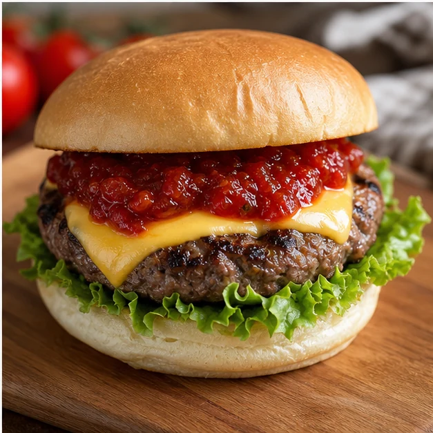 Grilled beef burger with lettuce, cheese and a thick layer of savory tomato jam