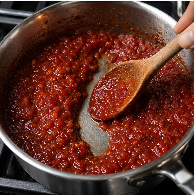 Thick savory tomato jam being stirred in a stainless saucepan