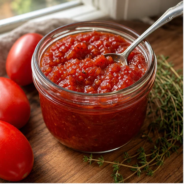 Small glass jar of thick savory tomato jam beside Roma tomatoes and thyme