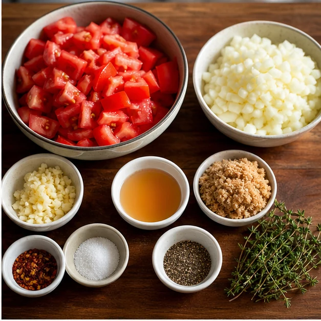 Chopped tomatoes, onion, garlic, vinegar, brown sugar, thyme and spices