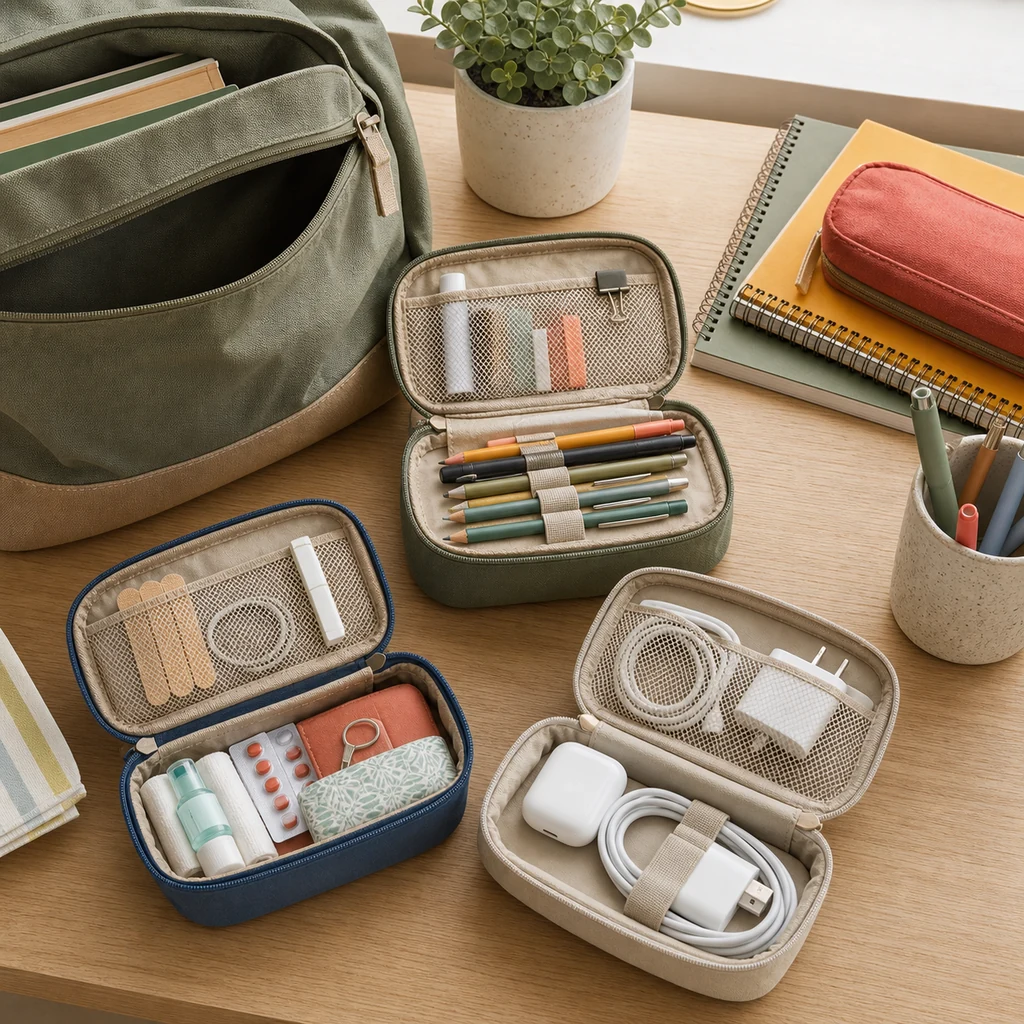 School supply pouch system for pens, emergency items, and charging cables