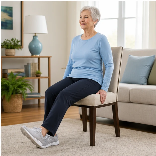 Older adult performing a seated heel slide with hands on the chair