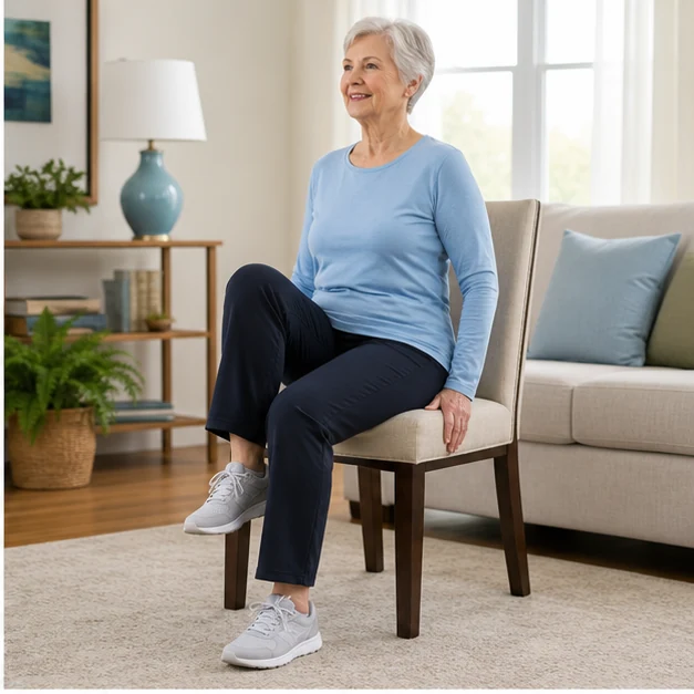 Older adult performing a controlled seated knee lift while holding the chair