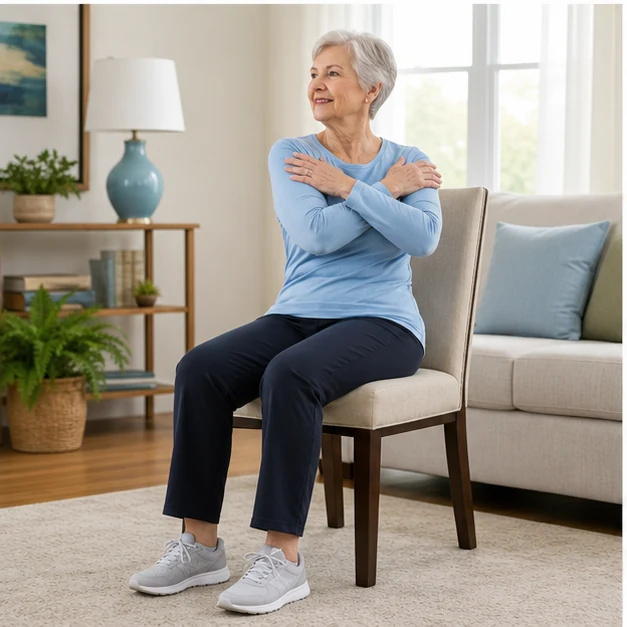 Older adult doing a small seated torso rotation with arms crossed