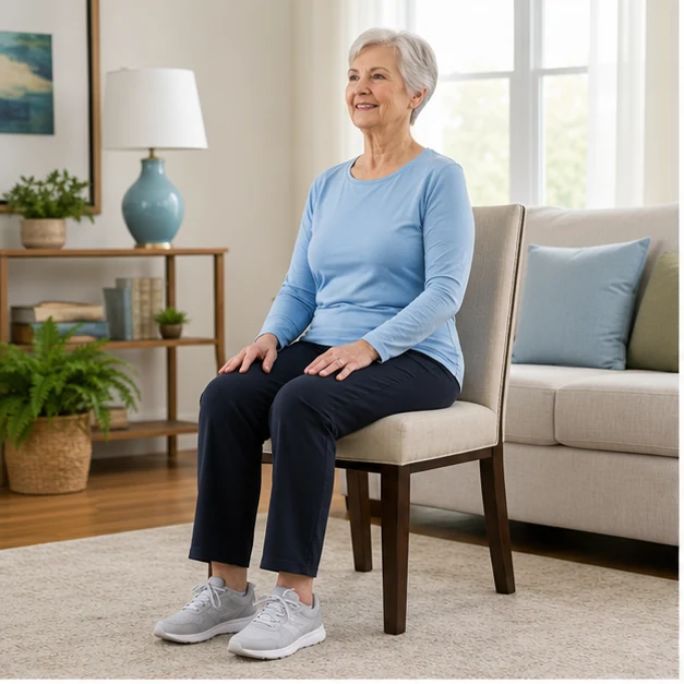 Older adult seated tall on a sturdy chair ready for core exercises