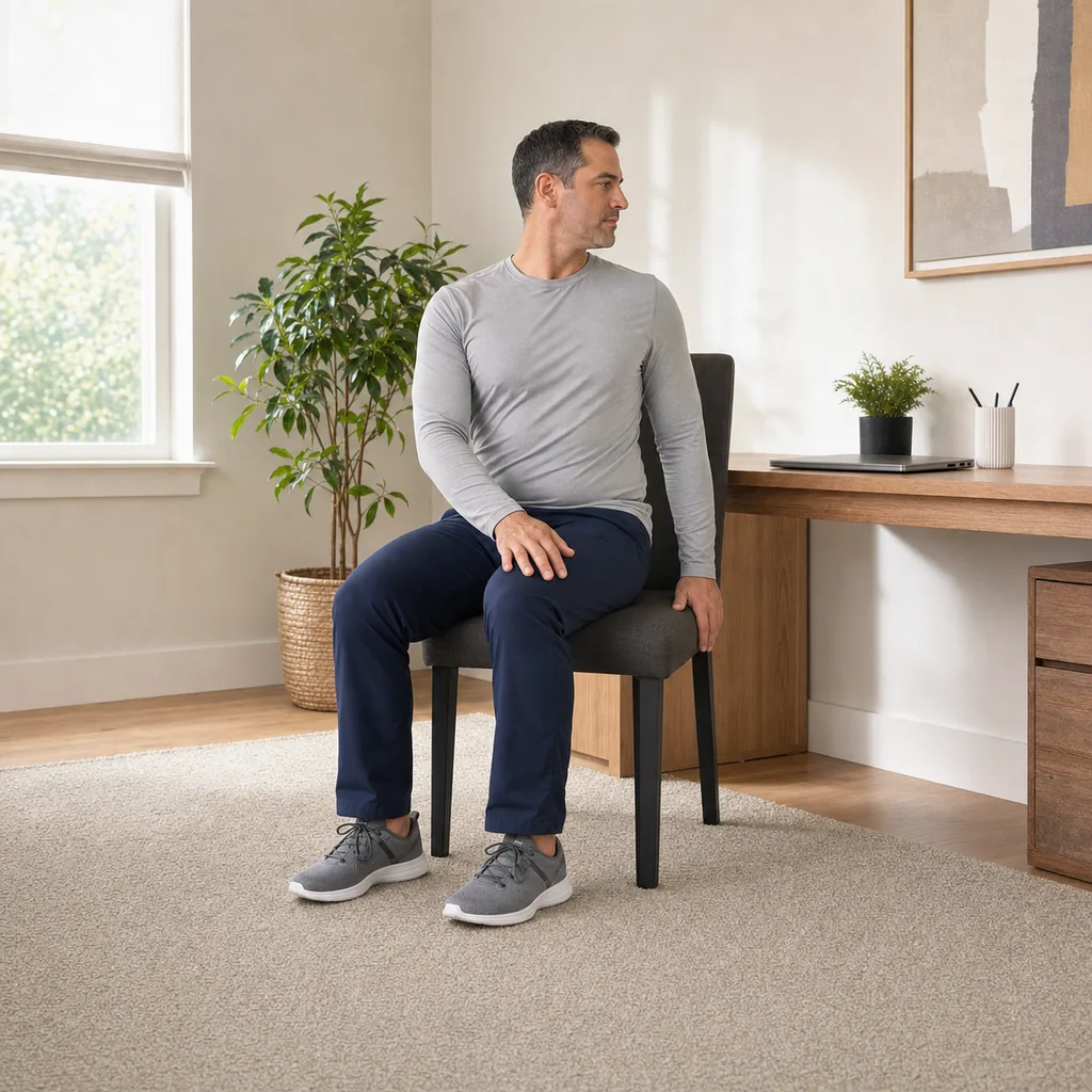 Desk worker performing a gentle chair-assisted seated spinal twist