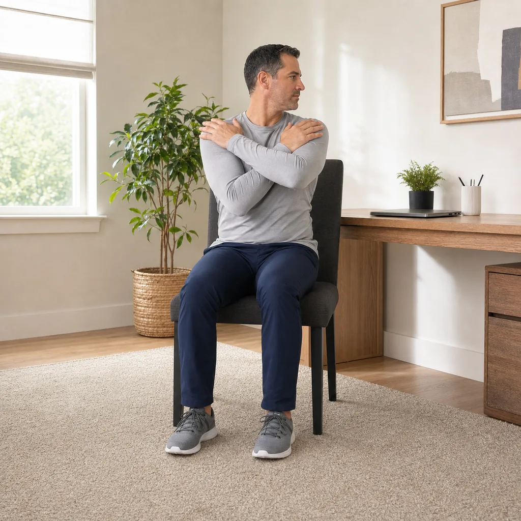 Desk worker performing a self-hug seated thoracic rotation