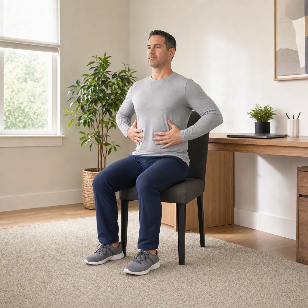 Desk worker sitting tall before a seated spinal twist