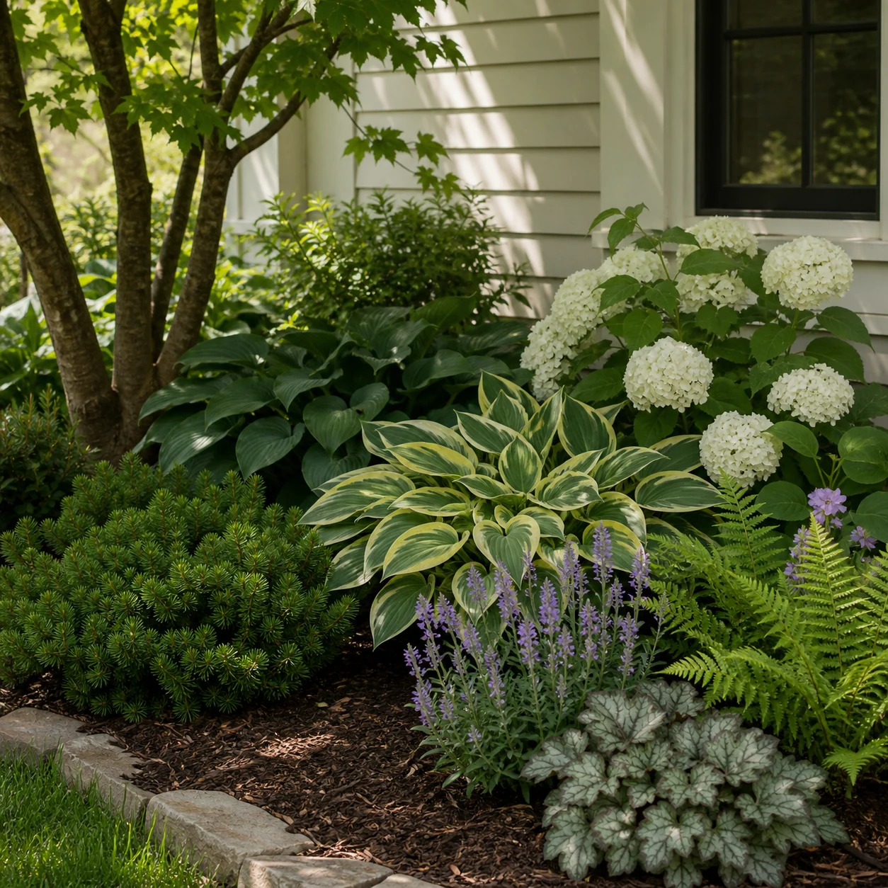 Shady foundation planting with textured foliage compact shrubs and white flowers