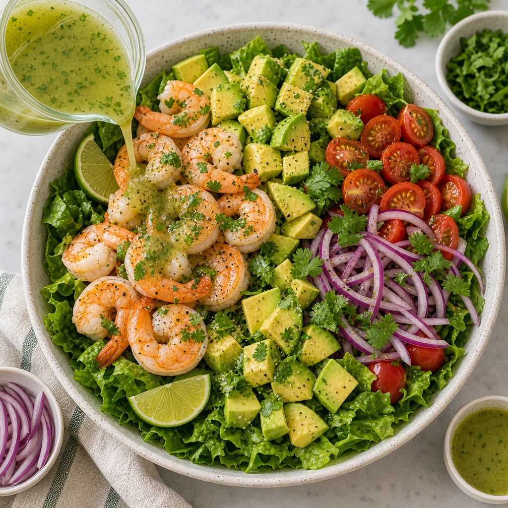 Shrimp avocado salad being assembled with cherry tomatoes, red onion, cilantro, greens, and lime dressing