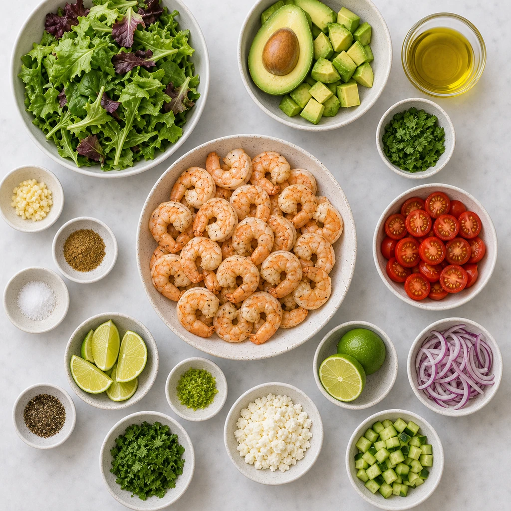 Ingredients for zesty lime shrimp and avocado salad including shrimp, avocados, cherry tomatoes, red onion, cilantro, limes, olive oil, garlic, and cumin