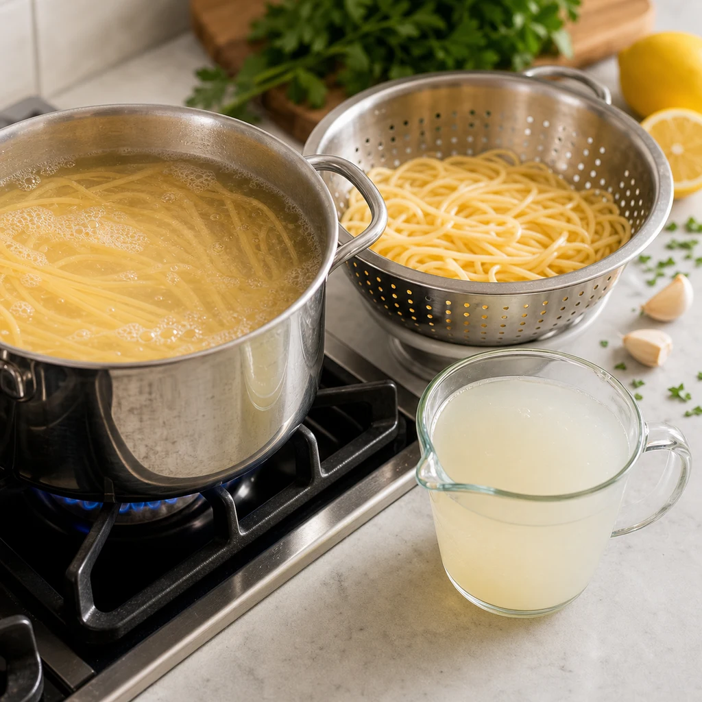Linguine boiling with reserved pasta water and drained pasta for shrimp scampi