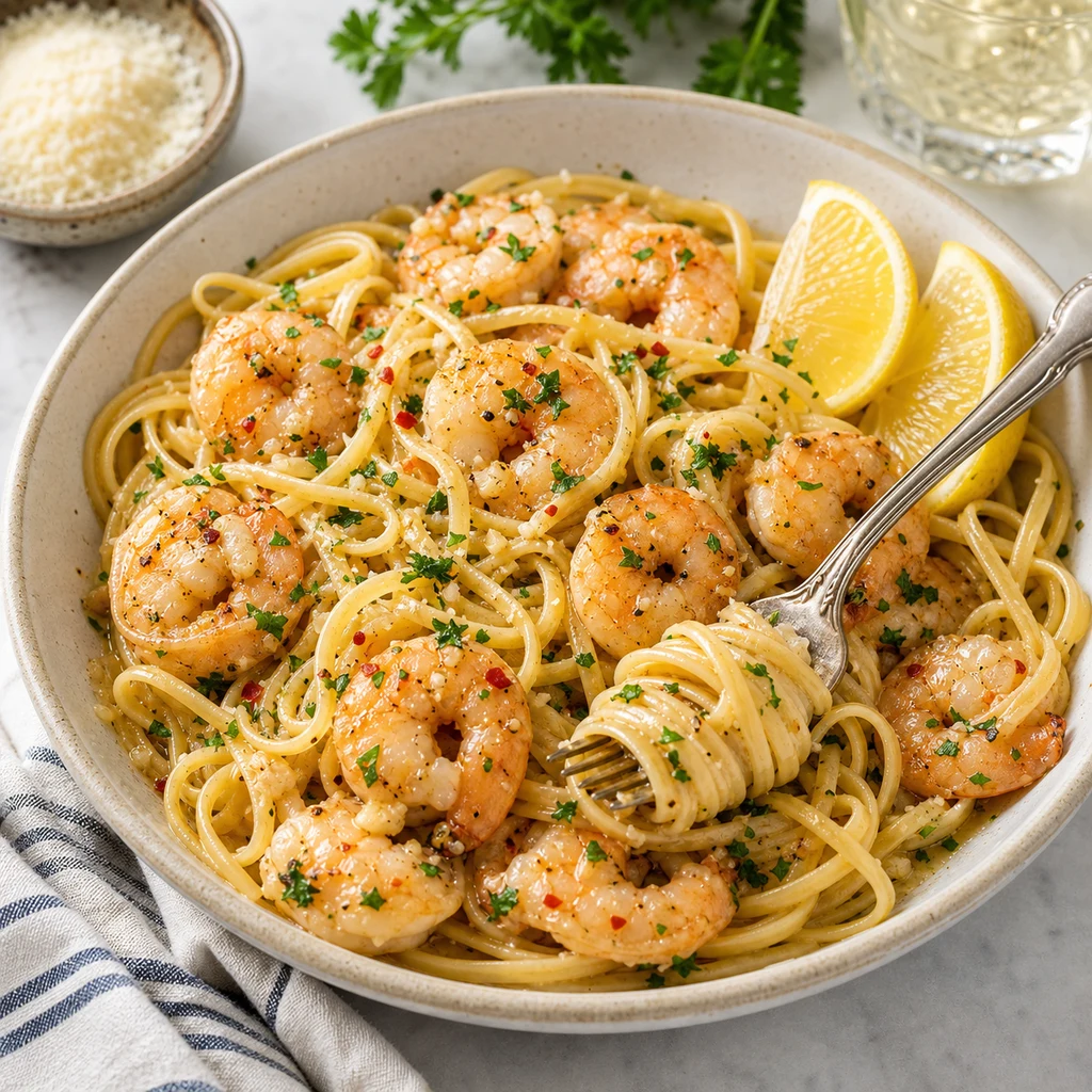 Shrimp Scampi Recipe with linguine, pink shrimp, garlic butter lemon sauce, parsley, red pepper flakes, lemon wedges, and Parmesan on the side