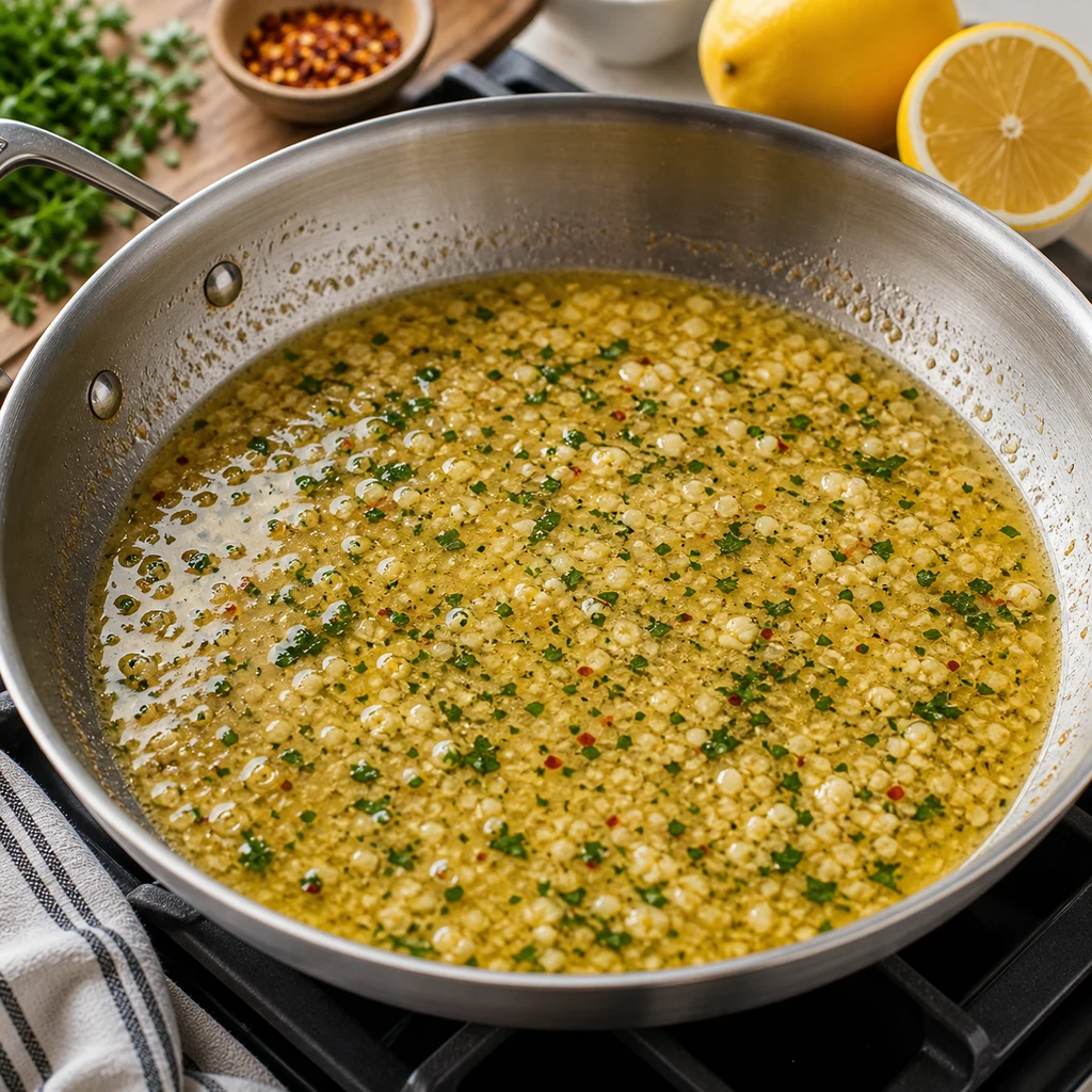 Garlic butter lemon white wine sauce simmering gently in a skillet for shrimp scampi
