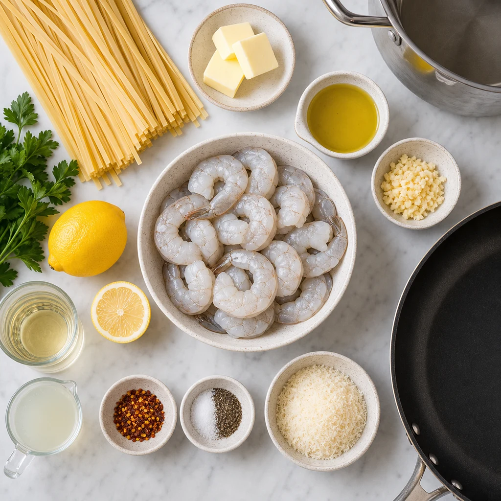 Ingredients for Shrimp Scampi Recipe including shrimp, linguine, butter, olive oil, garlic, lemon, parsley, red pepper flakes, white wine, pasta water, salt, pepper, and Parmesan