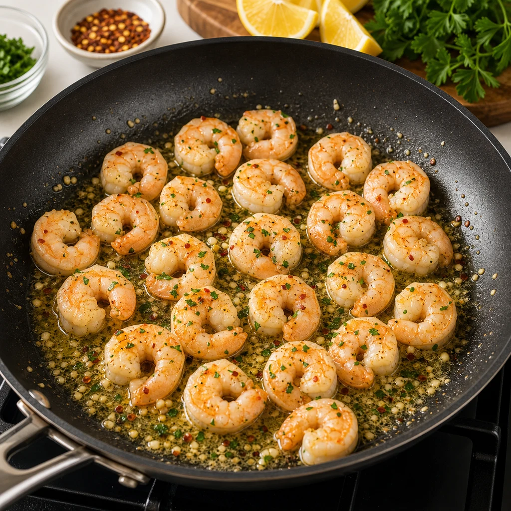 Shrimp sauteed in butter and olive oil with garlic, parsley, lemon, and red pepper flakes for shrimp scampi