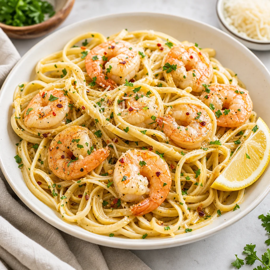 Served shrimp scampi pasta in a white bowl with linguine, shrimp, parsley, red pepper flakes, lemon, and Parmesan on the side