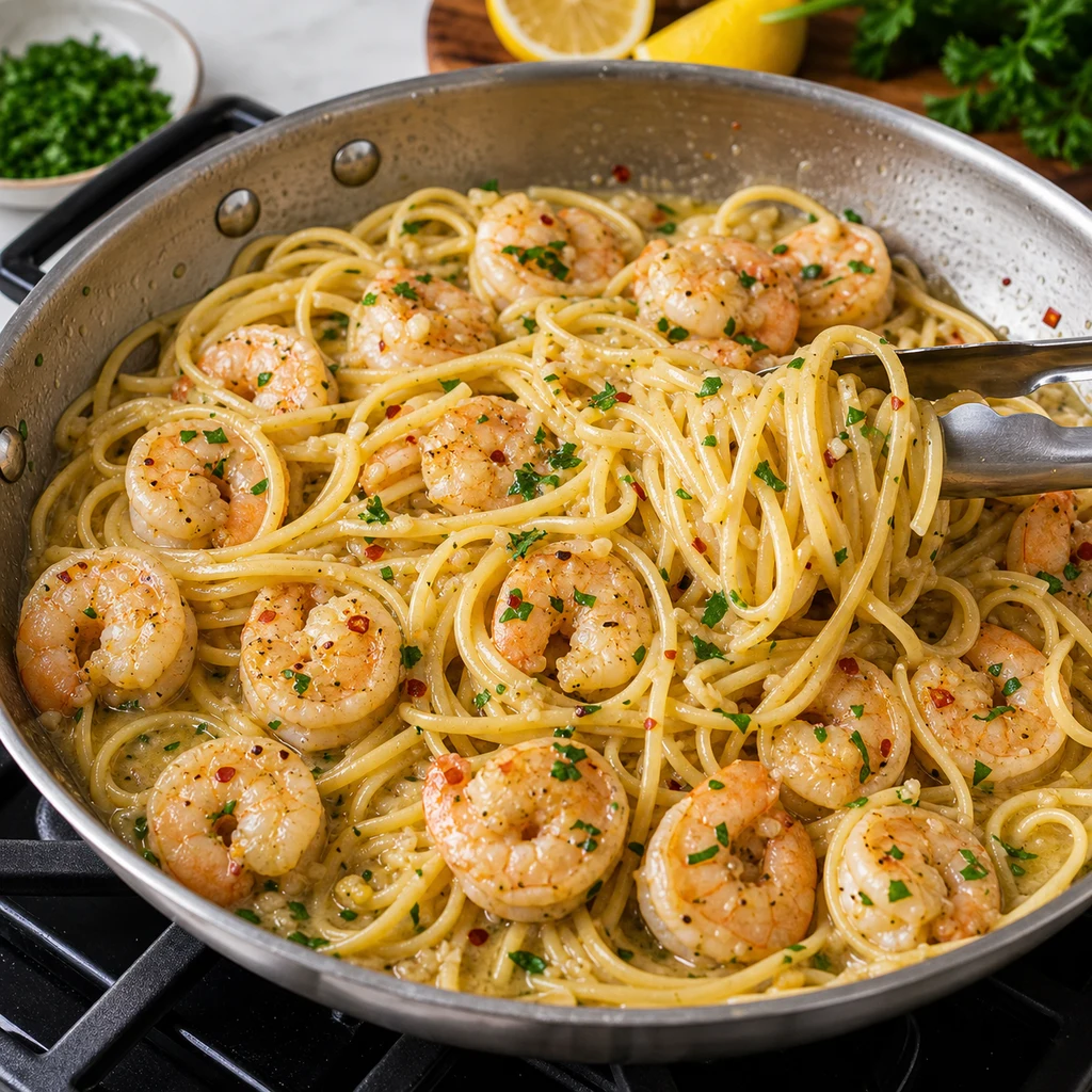 Linguine, shrimp, parsley, red pepper flakes, and garlic butter lemon sauce tossed together in a skillet