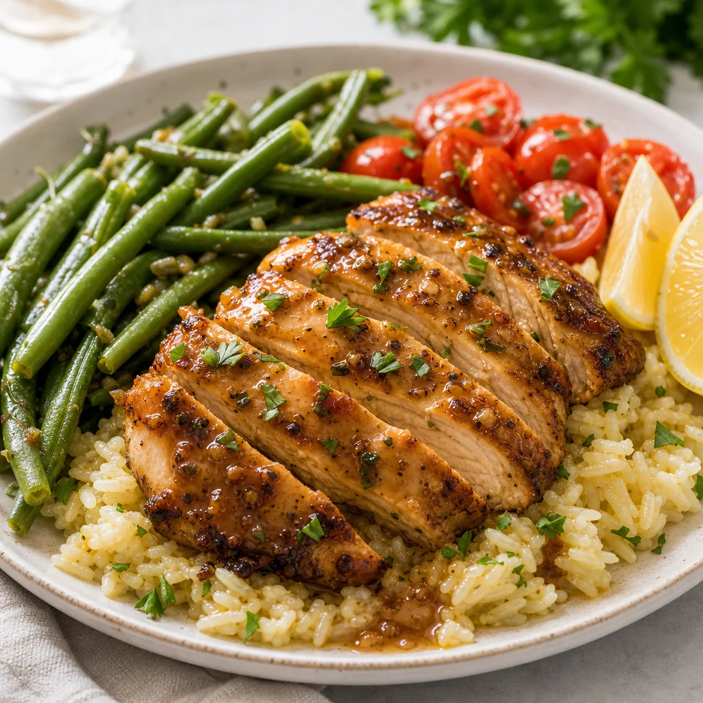 Sliced Italian dressing caramelized chicken served over rice with green beans, cherry tomatoes, lemon, and pan sauce